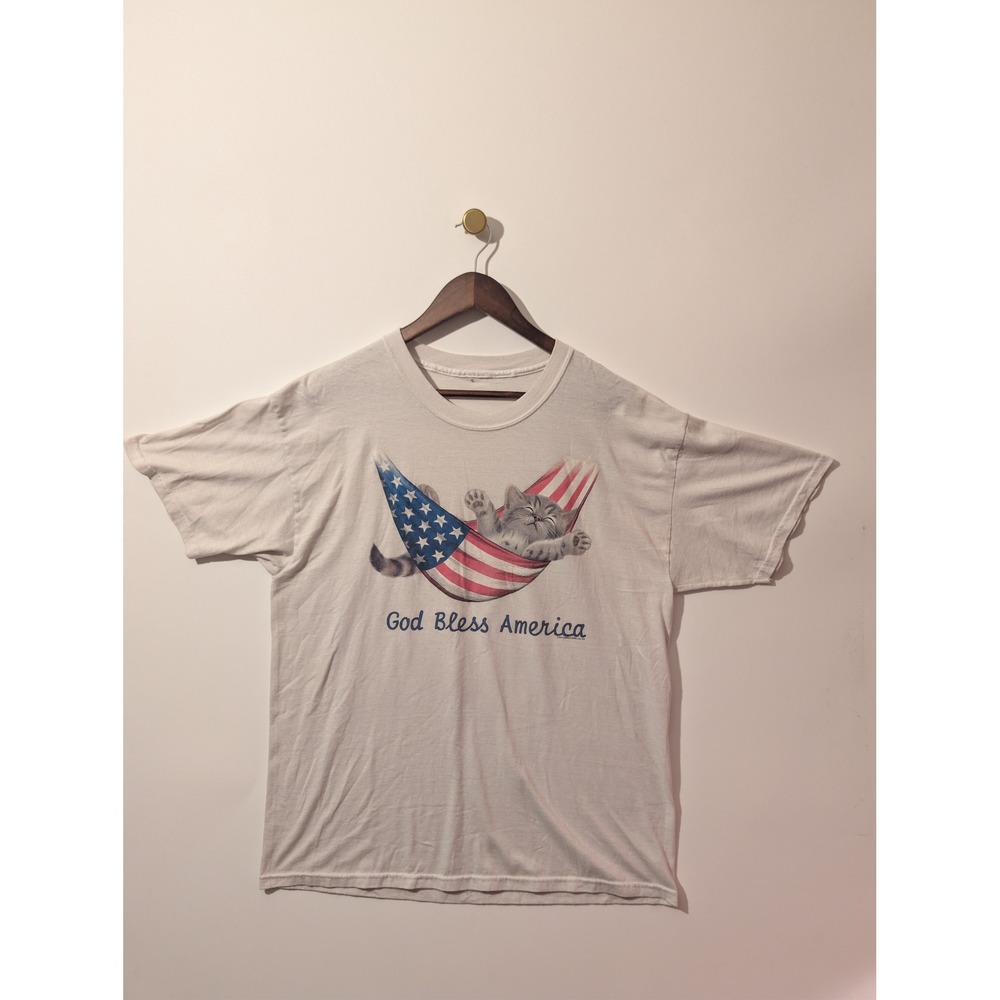 Vintage T-Shirt Unisex XL White 1992 Cat American Flag God Bless America 90s